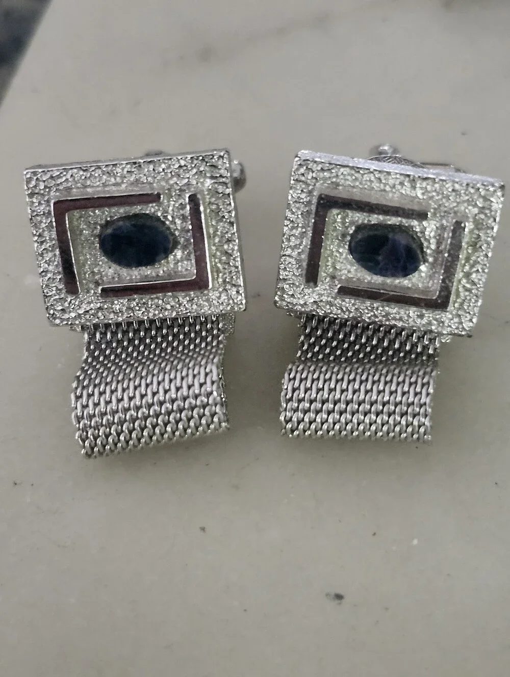 Vtg Dante Silver Tone Men's Mesh Cufflinks with Dark Blue Accent